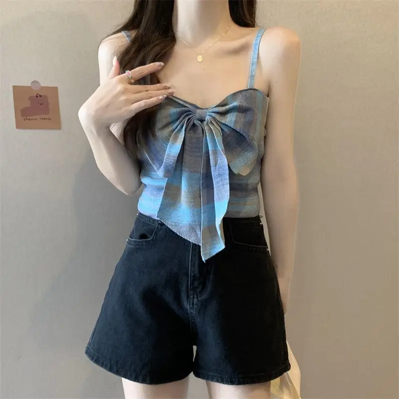 

2025 Summer New Striped Camisole Women's Design Sense Niche Bow Sleeveless Short Top