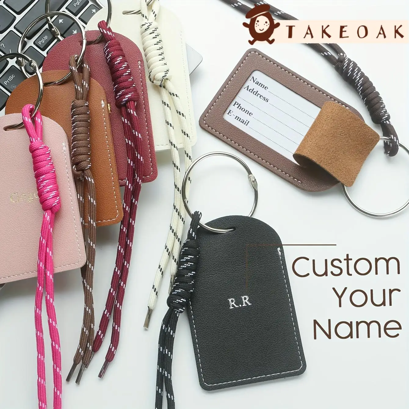

Personalized Custom Dual Initial Leather Luggage Tag Braided Rope Lanyard Privacy Flip Cover Anti-Lost Backpack Tag