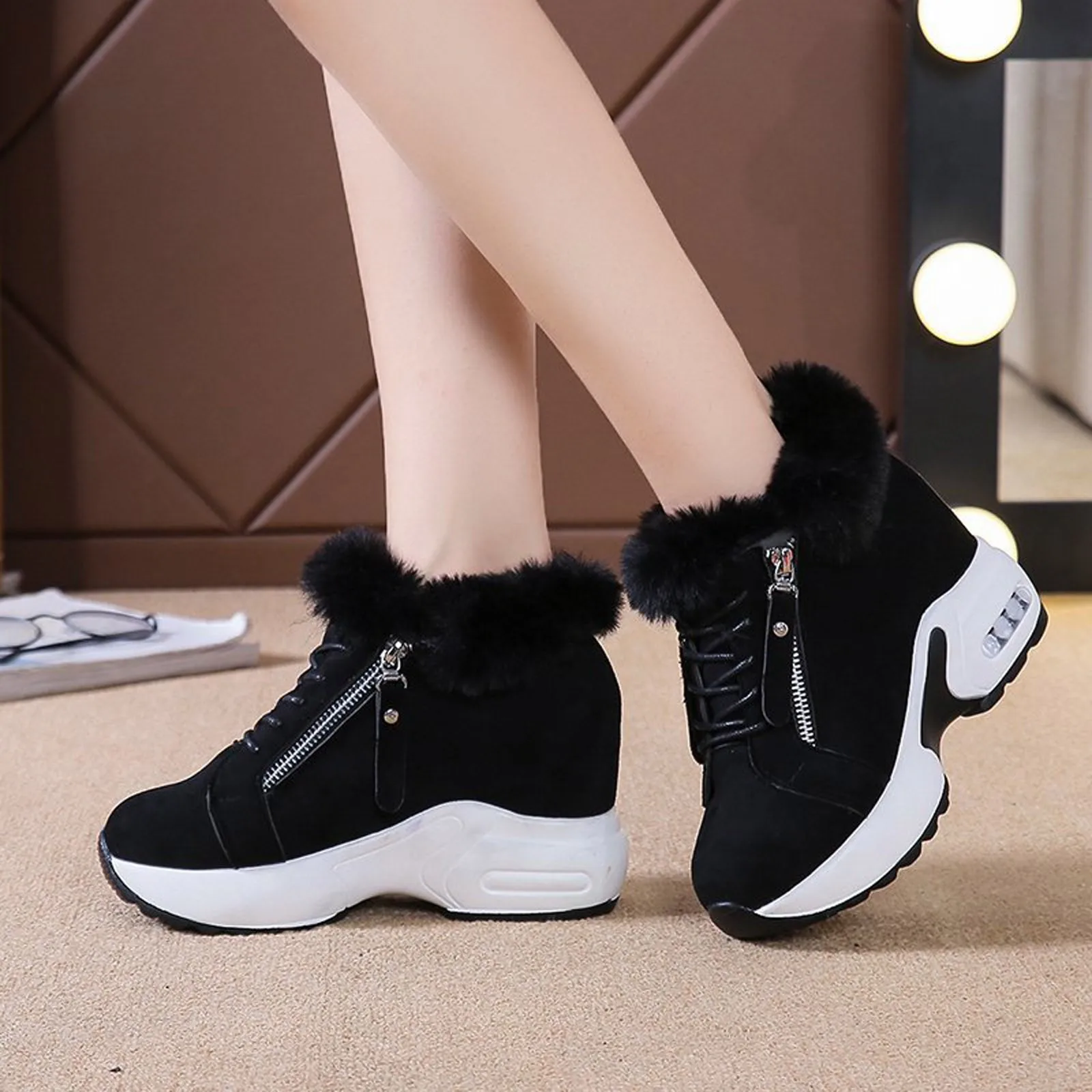 Women Snow Shoes Wedges Boots Round Internal Increase Keep Warm LaceUp Boots Sport Velvet Toe women's boots