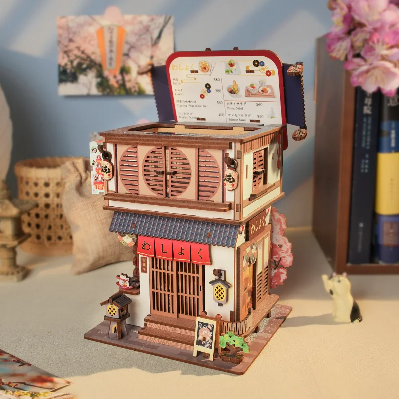 Diy 3d quebra-cabeça de madeira restaurante japonês caixa armazenamento desktop kits modelo em miniatura casa quebra-cabeças para amigos presentes aniversário