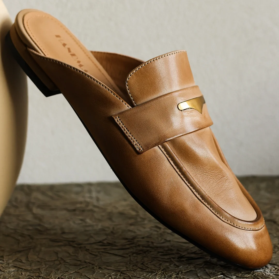 

Plus size 34-42 women's cow leather round toe slip-on flats summer slides high quality soft comfortable casual mules sandals