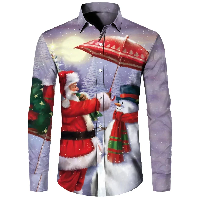 2023 Christmas Gift Cartoon Print New Long Sleeve Shirt Party Top New Year Christmas Holiday Shirt Lapel Button Up Shirt XS-6XL