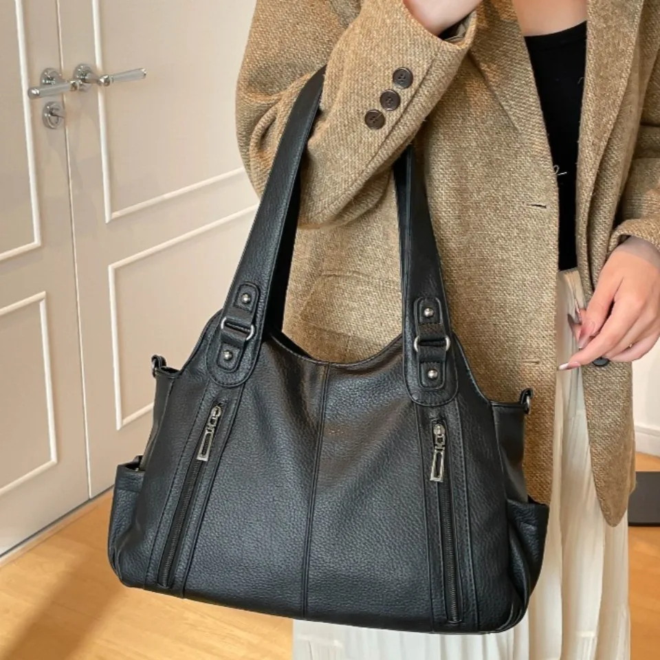 3-Way Carry Casual Tote Multi-Pocket Commuter Shoulder Crossbody Handbag Soft Wear-Resistant Leather Daily Tote for Travel Work