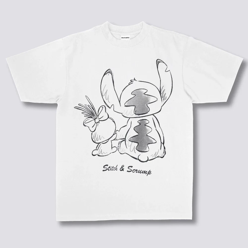 디즈니 스티치 그래픽 남성 및 여성 티셔츠 여름 패션 퓨어 코튼 남성 티셔츠 아동 의류 티 Y2k 여성