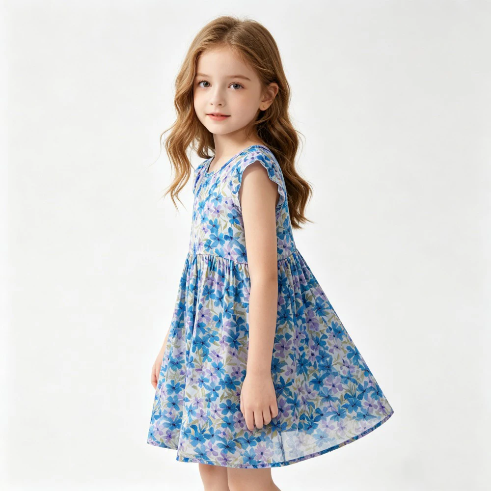 Colorful Tiny Floral Print Girls Dress, Ruffle Sleeve Summer Casual Cotton Dress for Kids 2-16Y Teenage Outfit Dresses