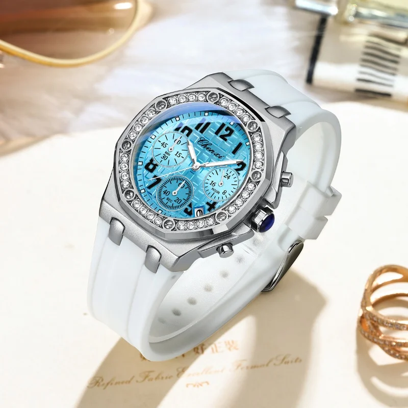 CHENXI 913 Reloj de cuarzo para mujer Reloj con correa de silicona blanca luminosa resistente al agua con sincronización multifuncional a la moda