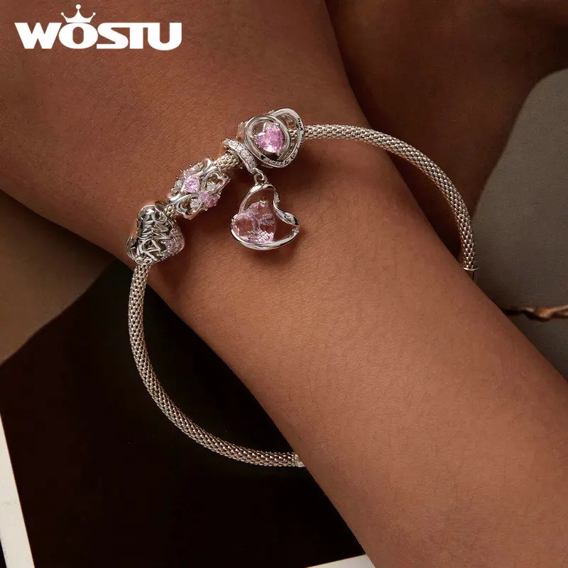 WOSTU 925 Sterling Silver Thanksgiving Twisted Heart Charm Pink Zircon Ribbon Pendant Fit Original Bracelet DIY Fine Jewelry