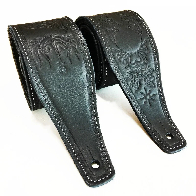 Retro Embossed Guitar Strap Durable High-end Cowhide Leather Shoulder Belt for Electric Acoustic Bass Guitar Gig