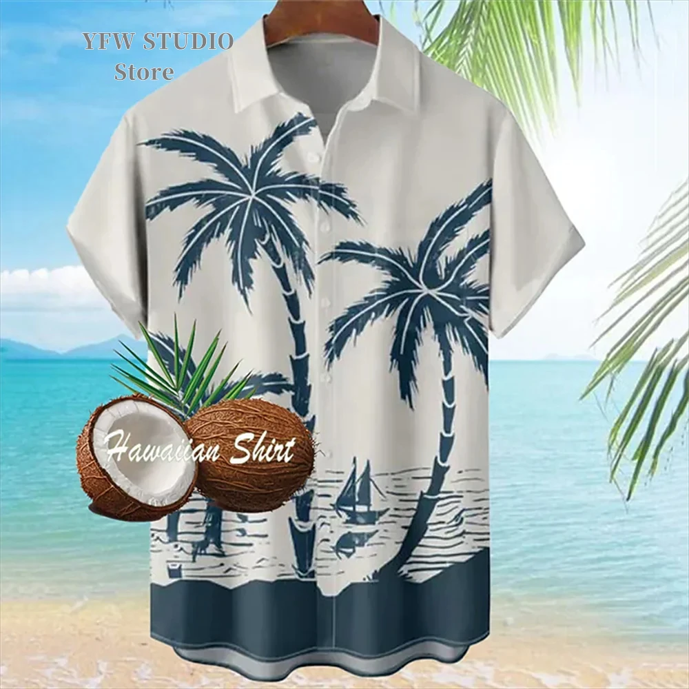 Camisa con gráfico de palmera de coco para hombre, camisa de verano de gran tamaño, ropa de playa informal de manga corta para vacaciones, ropa con botones de solapa para hombre