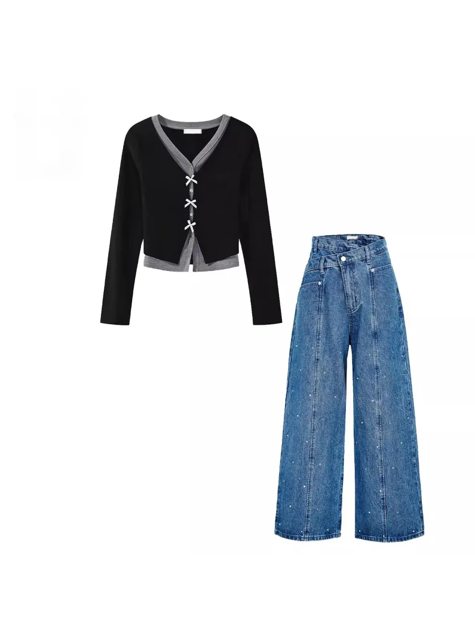 

Bla V-Ne Knitted Apparels American Sle Wide Leg Jeans Early Spring Outfit Set Knot Casual Wear for Women