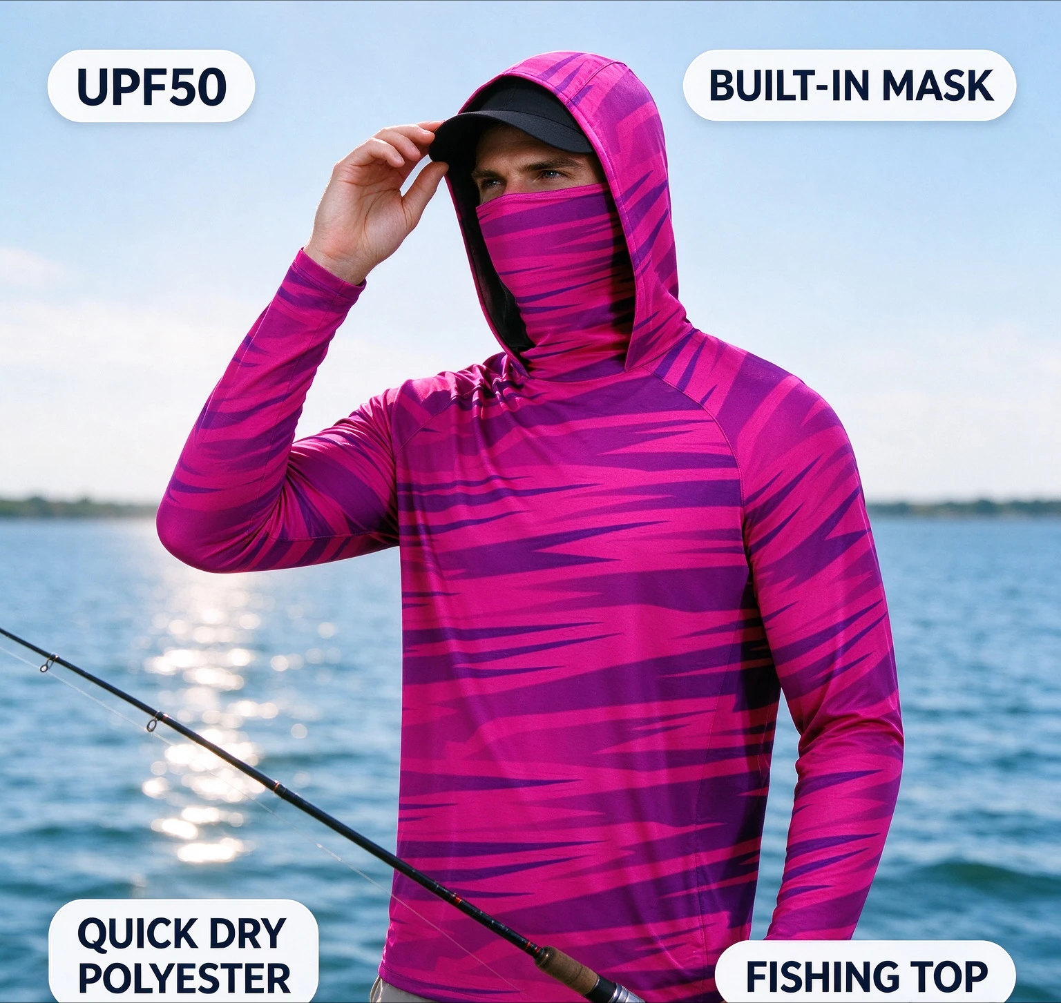 Pink Fishing Hoodie Men Polyester 3D Printed Brush Stroke UPF50 Hooded Face Cover Quick Dry Long Sleeve Sporty Active Outdoor