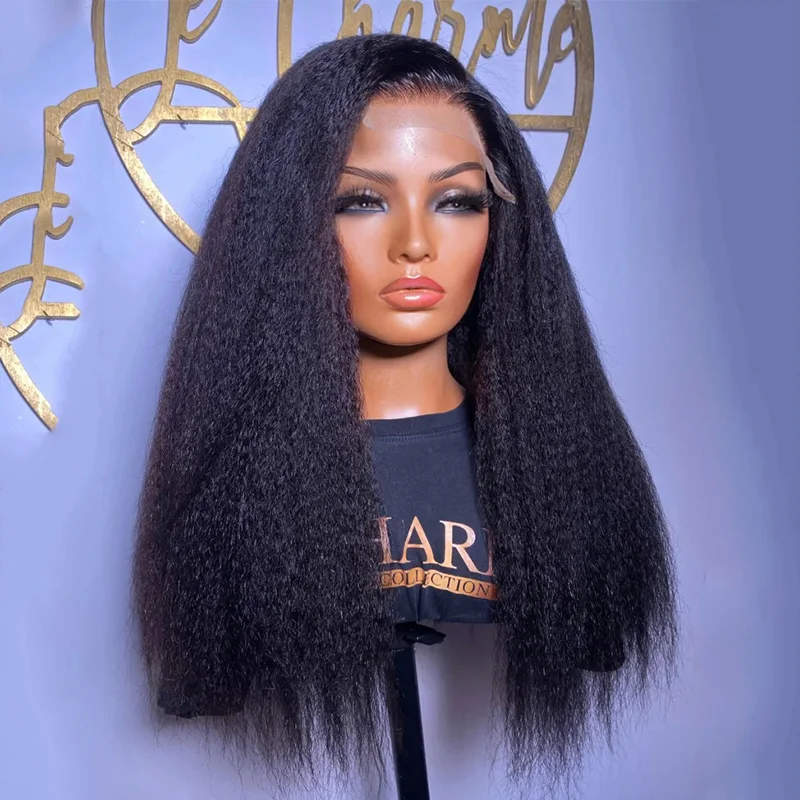 Black Yaki 28Inch 180Density Kinky Straight Lace Front Wigs For African Women Glueless BabyHair Synthetic Preplucked Daily Wig