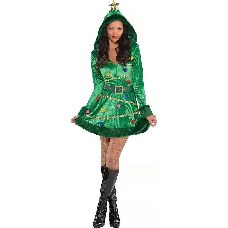 Women Christmas Tree Green Dress Adult Hooded Sequin Fancy Costume with Belt Pom-pom Christmas Costumes Halloween Carnival Party