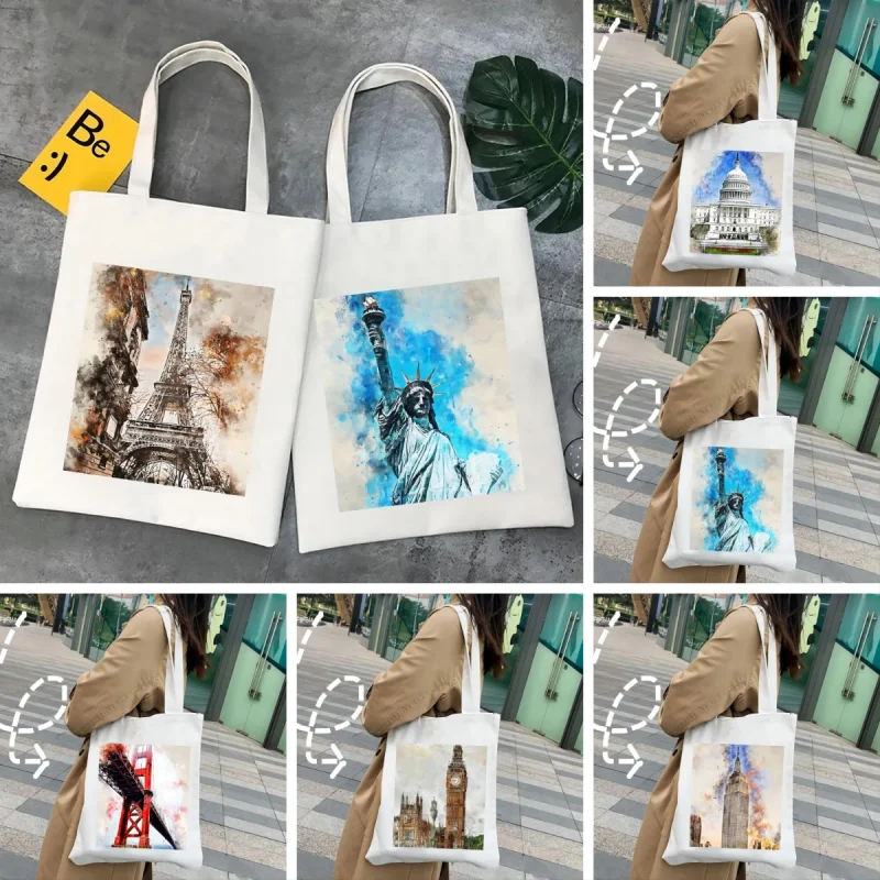 Ink Painting Watercolor  Shoulder Bags Large Capacity New York Paris Shopping Bag Fashion Tote Handbag Canvas Girl Environmental