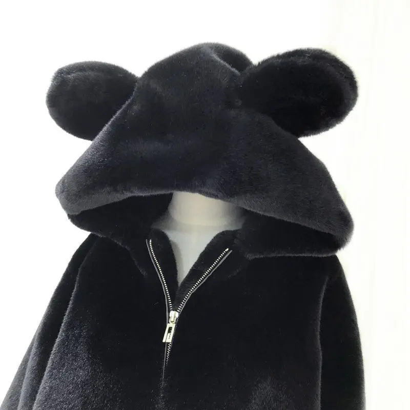 2023 Winter New Cute Bear Ears Cotton Padded Velvet Warm Jacket Female Sweet Loose Mink Fur Hooded Mid-Length Coat for Women