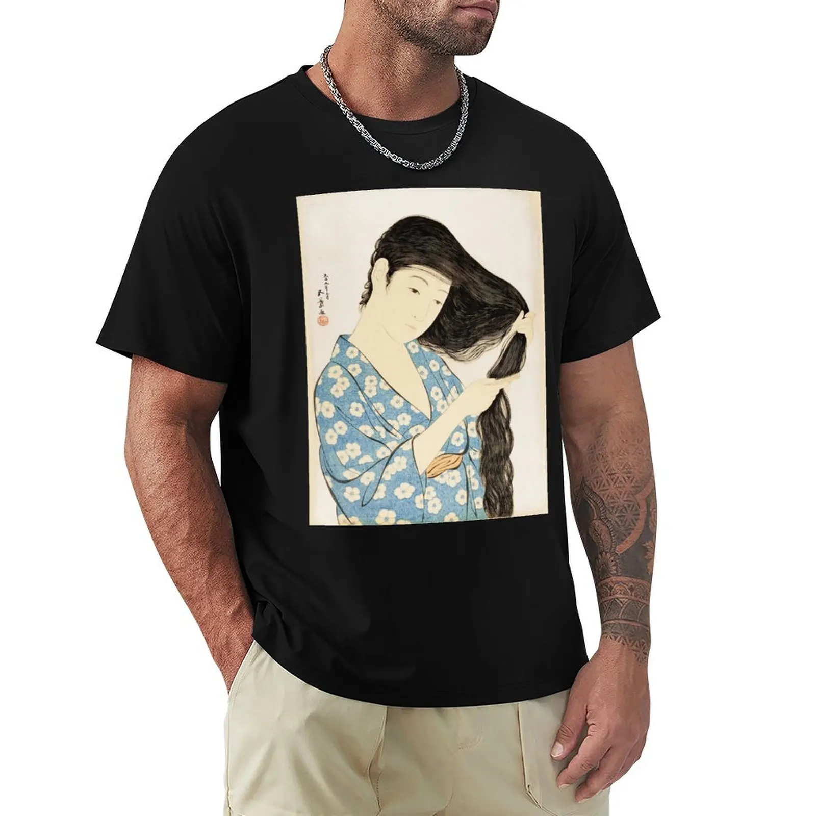 Hashiguchi Goyo - Camiseta con estampado de mujer en azul peinando su cabello, camiseta gráfica de moda para hombre