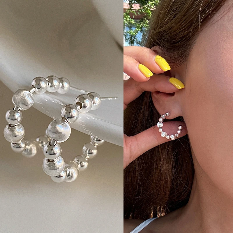 

New 925 Silver Geometry C Shape Drop Earrings Metal Brushed Bead Semicircular Dangle Earring for Women Party Fine Jewelry Gift