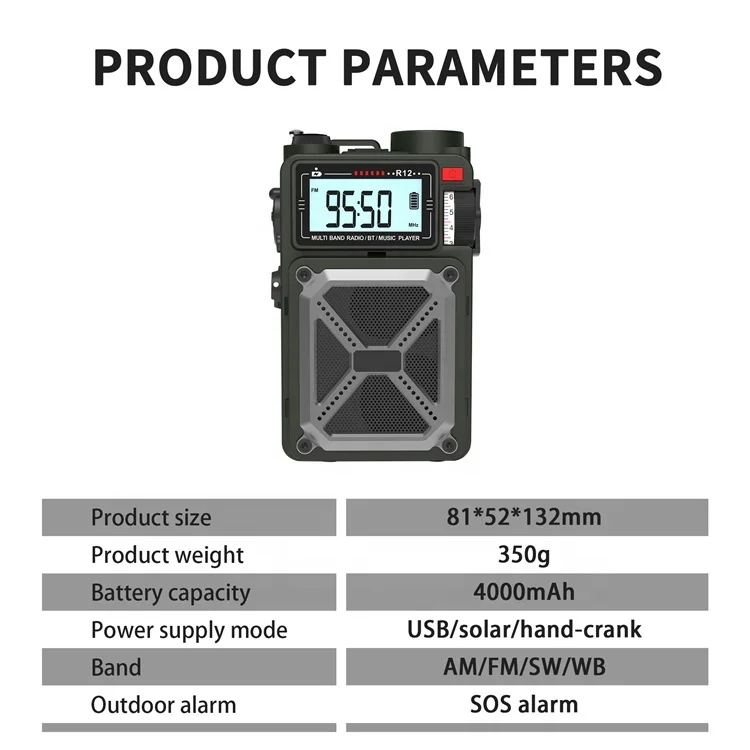 YYHC Portable Weather Alert AM/FM/SW/WB Pocket Radio Receiver Solar Power Bank Waterproof 4000mAh Rechargeable Hand Crank Retro