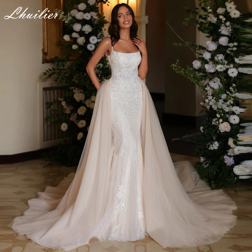 Lhuillier 2 in 1 Square Neck Mermaid Lace Wedding Dresses Sleeveless Beaded Bridal Dress with Detachable Train