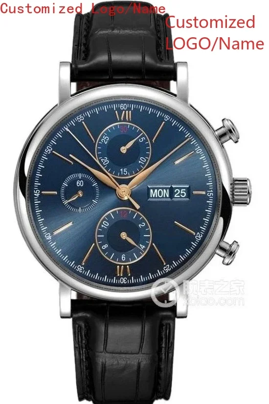 Calendário mostrador romano safira luxo novos homens relógio mecânico automático de aço inoxidável preto azul relógios de couro personalizado