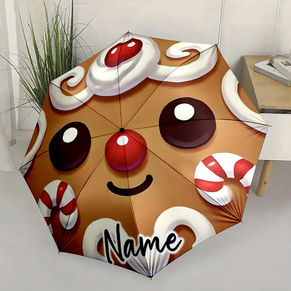 Custom Name  Sweet Gingerbread Umbrella Design with Candy Details Print 8 Iron Ribs Folding Umbrella Auto-Open Fashion Sunshade