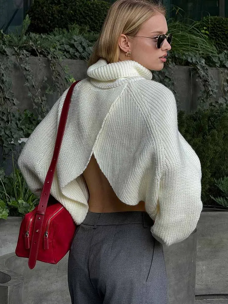 

BKQU осенне-зимний свитер с высоким воротником, женский шикарный теплый пуловер с открытой спиной и длинными рукавами, трикотаж, свободные женские джемперы