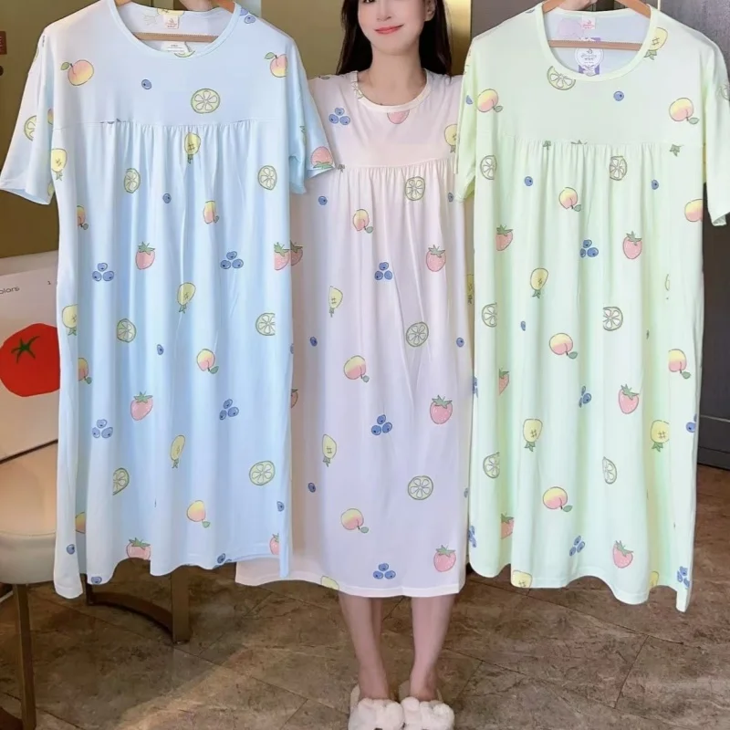 

Summer Women Sleepwear Soft Cozy Pajama Mid Long Length Short Sleeve Dresses Sweet Cute Women's Loose Long Skirt Homewear