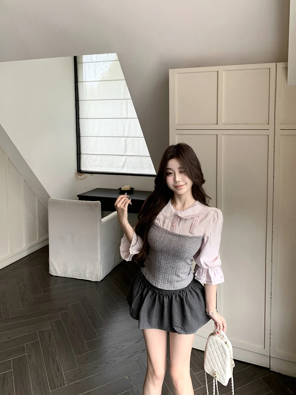 

Sweet Style Long Sleeve Shirt And High Waist Skirt Two Piece Set for Women Spring Fashion Casual Wind Wooden Ear Trim Co...