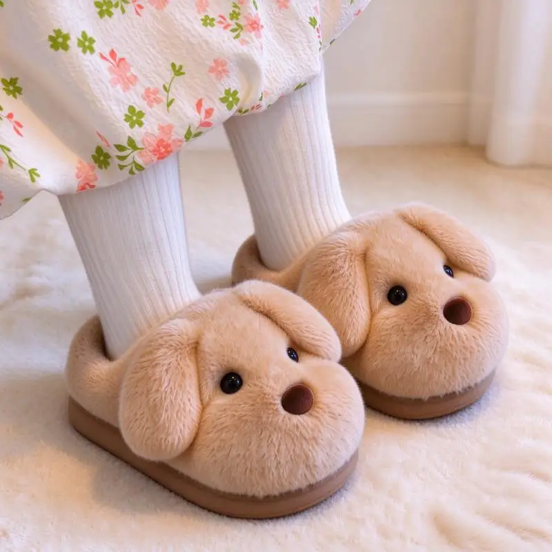 Cute Furry Puppy Home Slippers for Children Winter Boys Girls Warm Plush Indoor Slippers Thick Sole Non Slip Kids Cotton Shoes