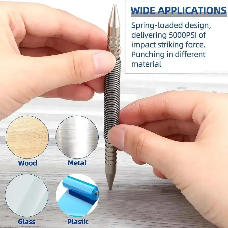 Punzone centrale a molla Lavorazione del legno Trapano per metallo Martello Doppia testa Nail Setter Strumenti per rimuovere perno cerniera porta caricata a molla