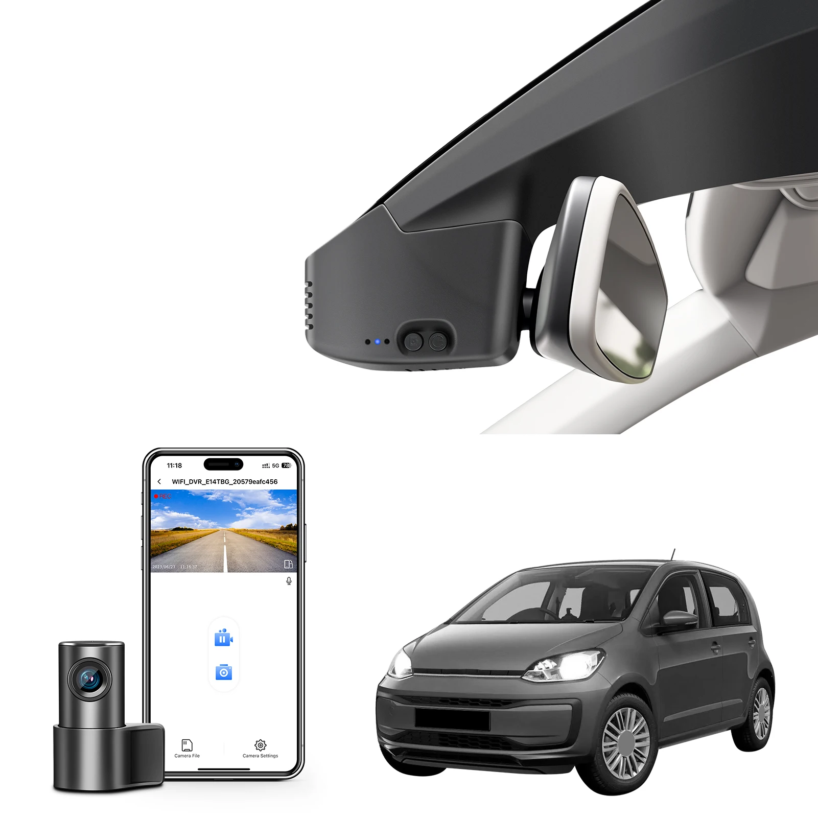 Câmera de painel Mangoal dedicada 4K para VW UP! & E-UP! Câmera Veicular 2017-2024 com GPS, WiFi e APP, Visão Noturna, DashCam