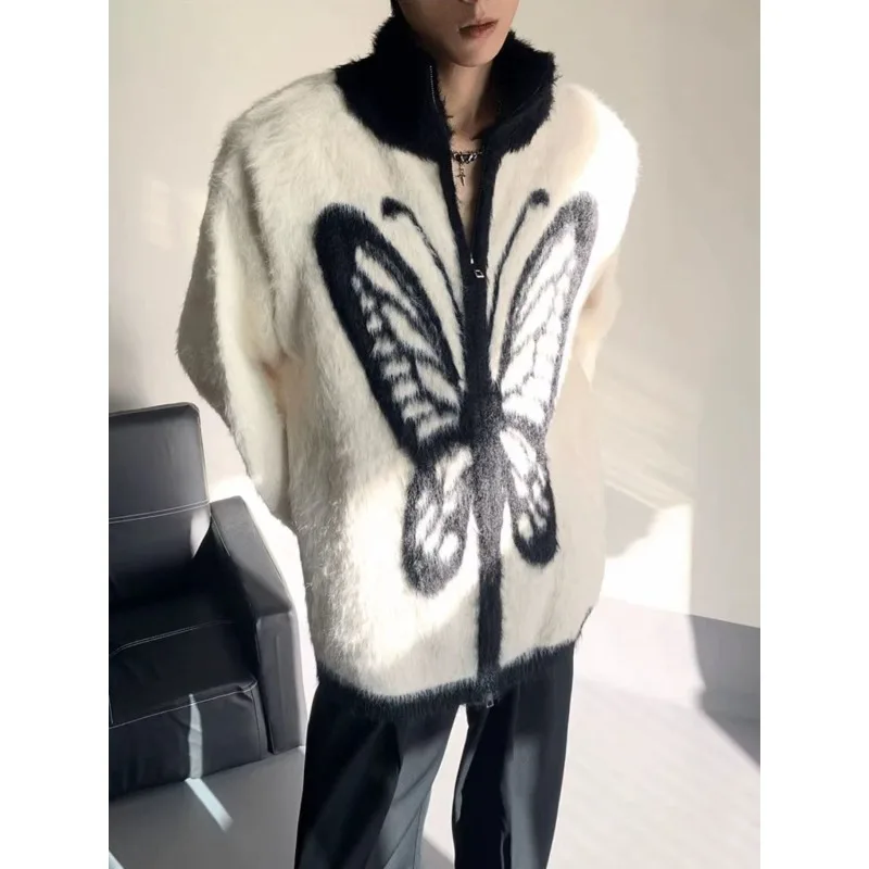 Men's Models Fairy Winter Autumn Tops Coat Sweater Knit Print Butterfly Standing Collar Zipper Retro Leisure Simple Advanced