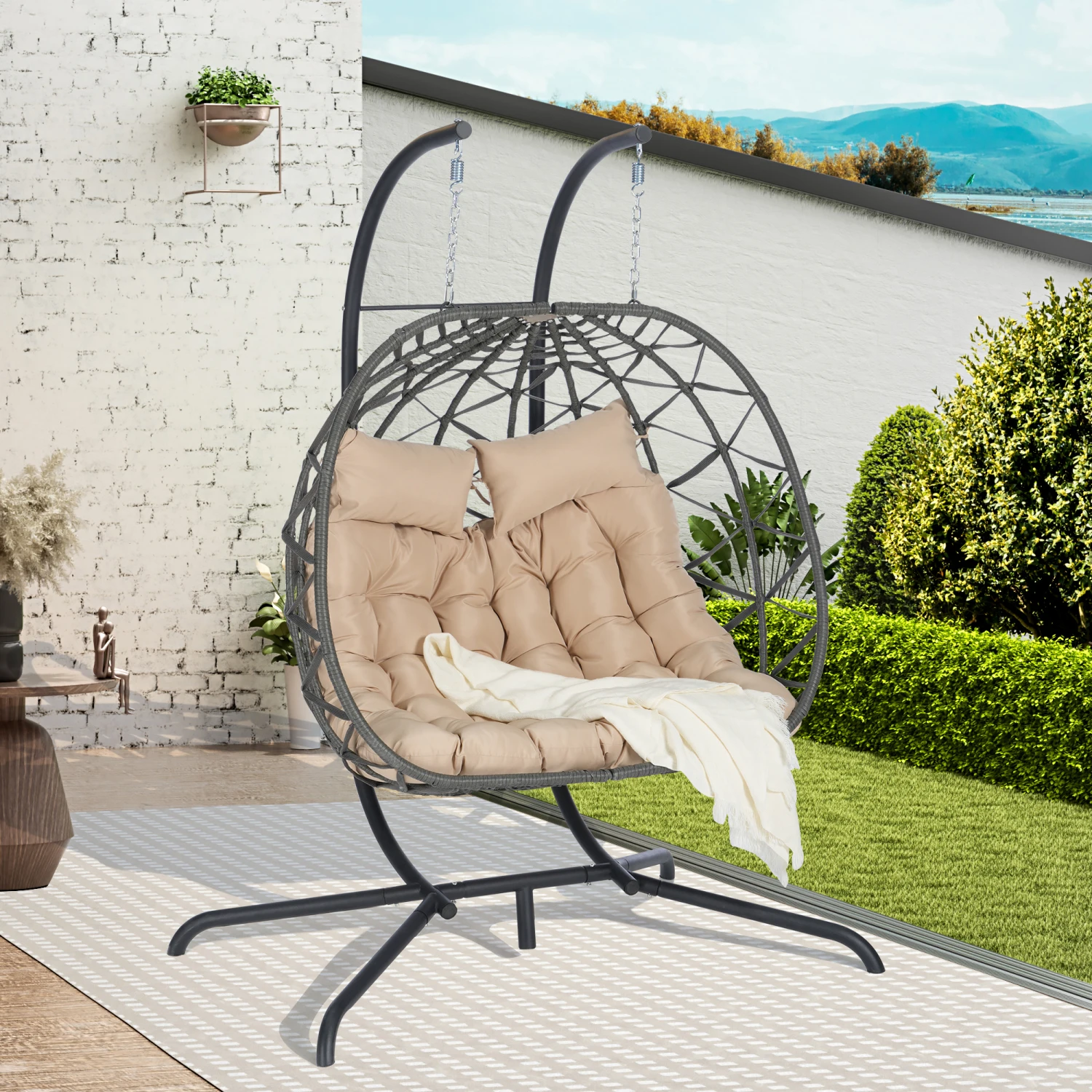 

Outdoor Rattan Hanging Chair - Patio Wicker Egg Chair for 2 Person