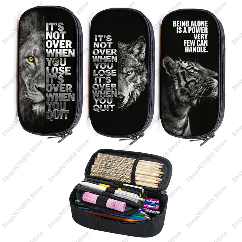 Motivational Tough Aesthetic Art Cosmetic Case Pencil Bag Wolf Lion Tiger Stationery Bag Teenager Pencil Box for School Supplies