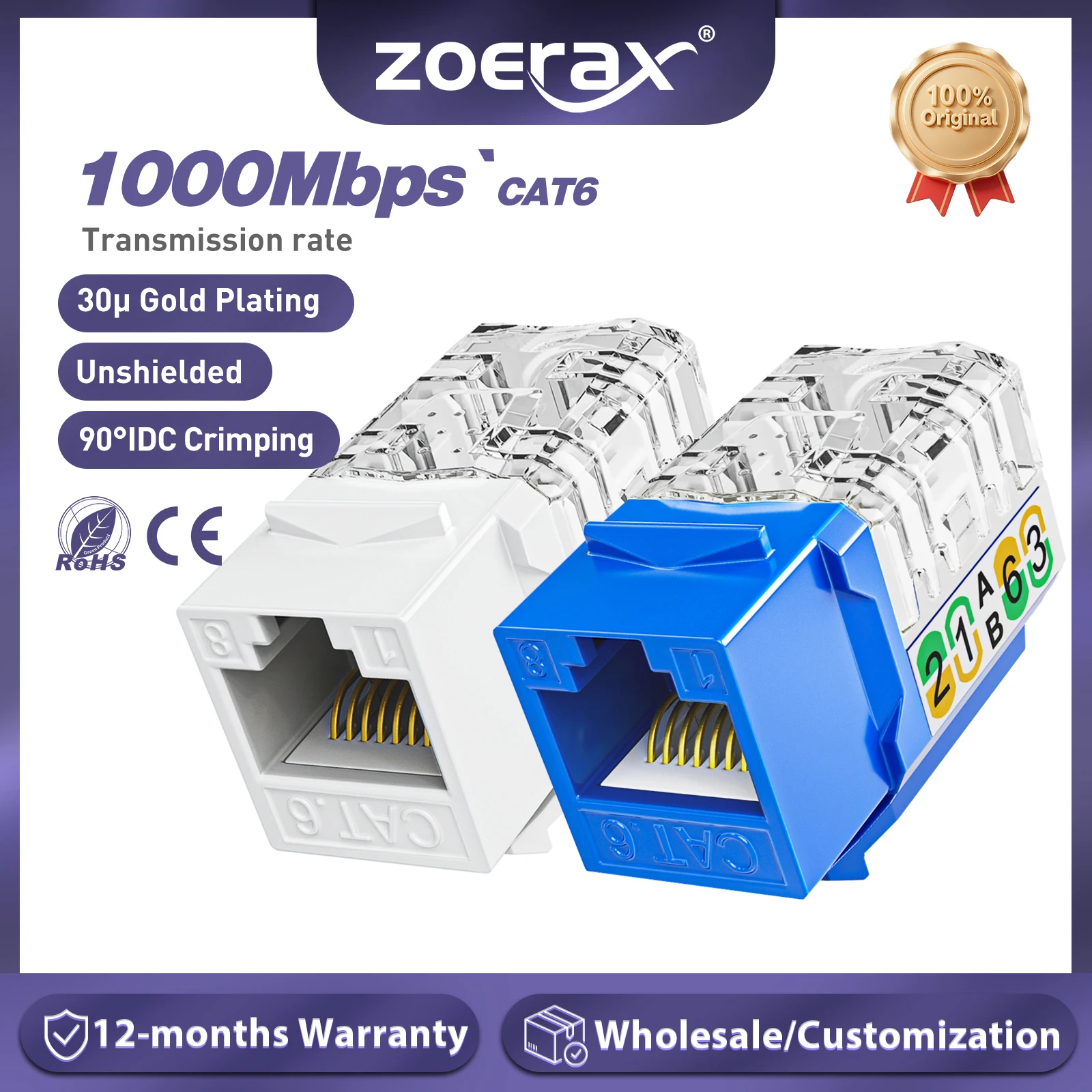 

ZoeRax RJ45 Cat6 Keystone Jacks,Slim Profile 90-Degree Ethernet Punch Down Keystone Jack,Compatible Patch Panel and Wall Plate