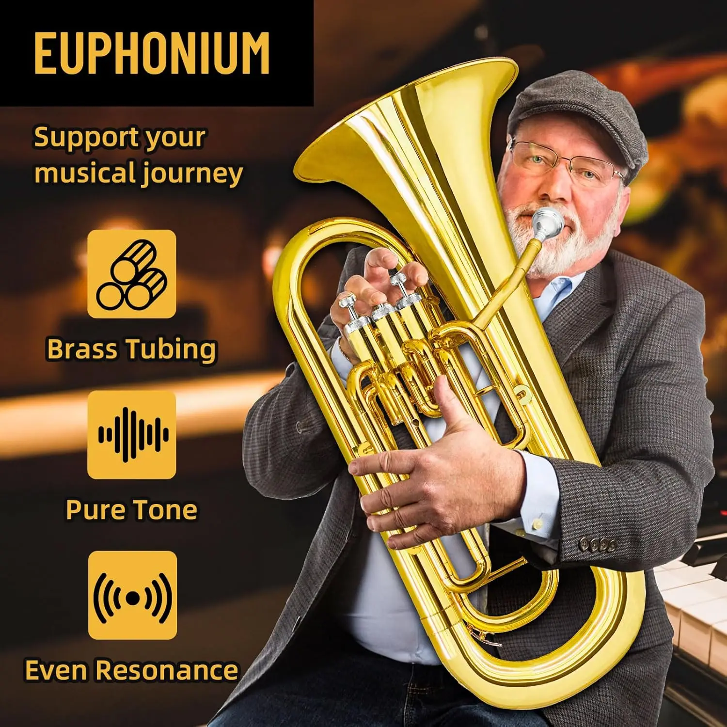 Bb Euphonium Brass Instrument with Case, Mouthpiece, Cloth, and Gloves - Standard Brass Band Performance Model