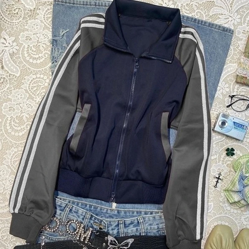 ديبتاون خمر Y2k النساء سترات للعبة البيسبول Harajuku مخطط المرقعة سستة معاطف الكورية نمط رياضي سترات كبيرة الحجم غير رسمية