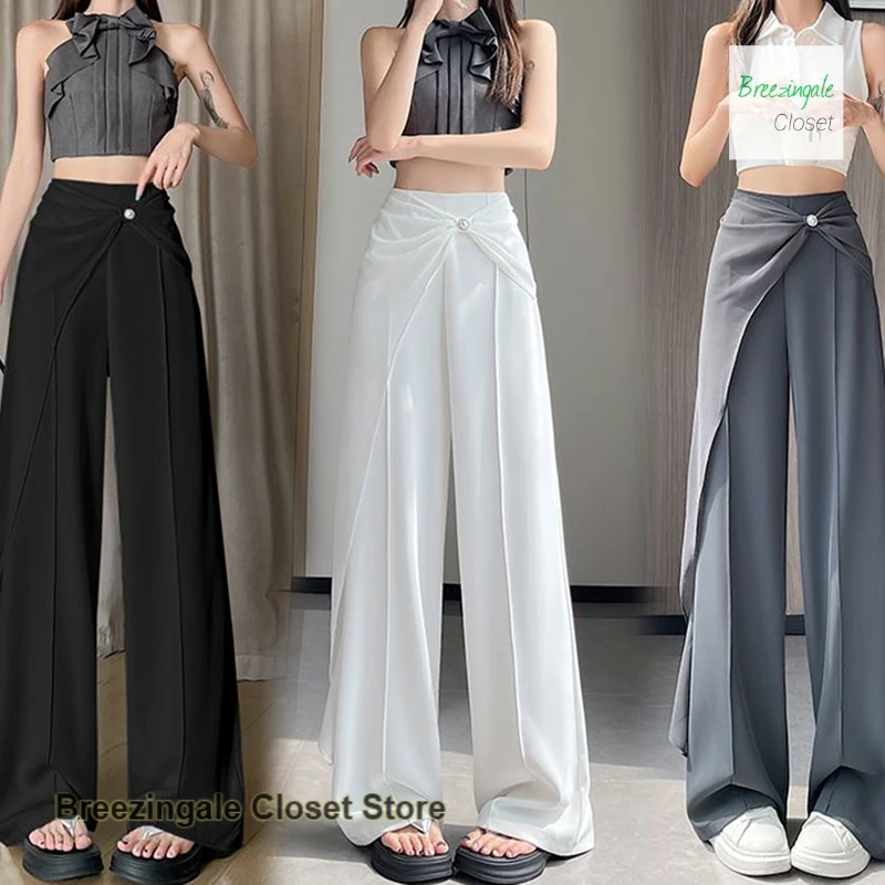 Korean style ice silk chiffon stitching suit wide-leg pants women's summer new fashion high waist drape casual straight pants.