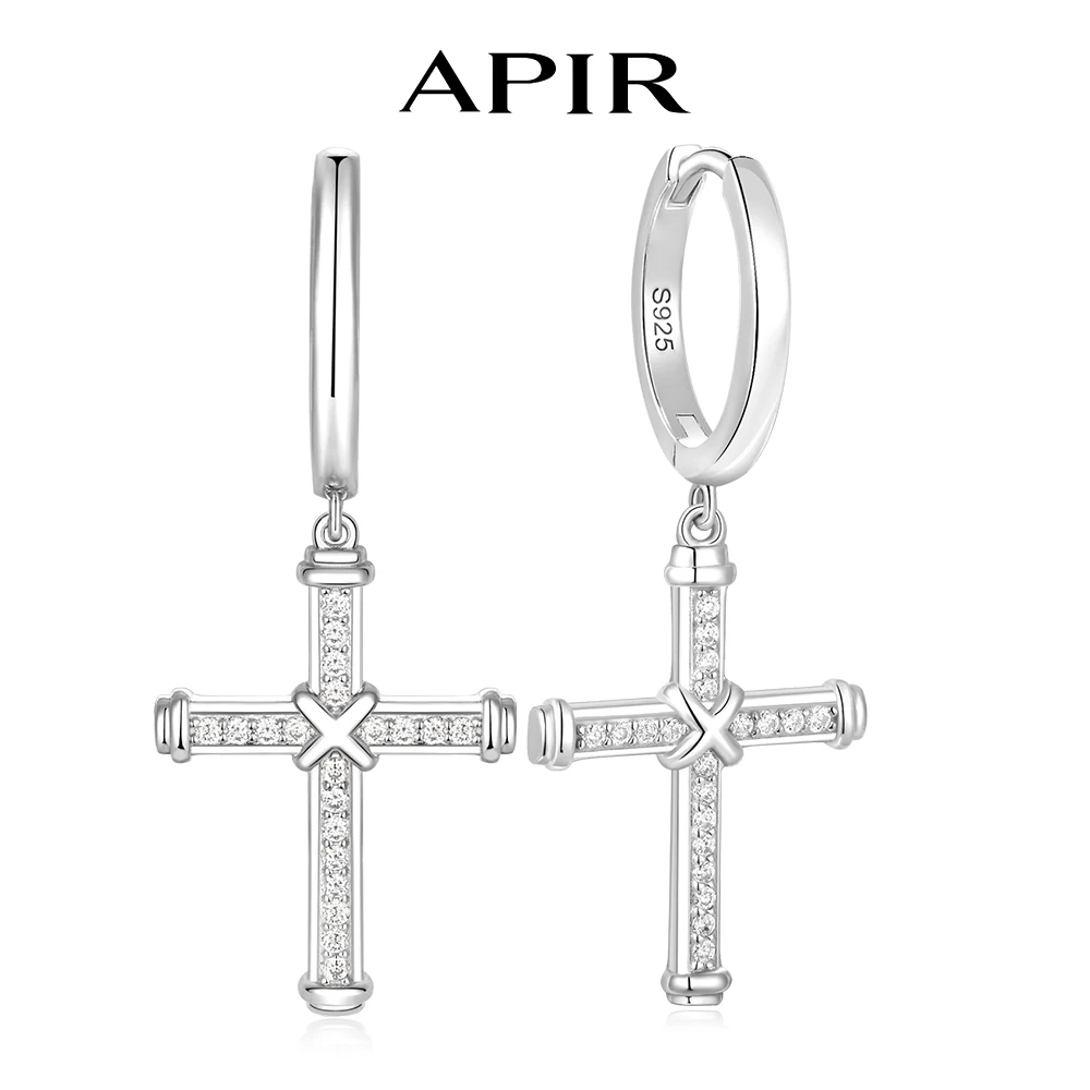 APIR D VVS1 Moissanite Cross Hoop Earrings for Women Men 925 Sterling Silver Trend Hip Hop Sparkling Huggie Hoops Daily Jewelry