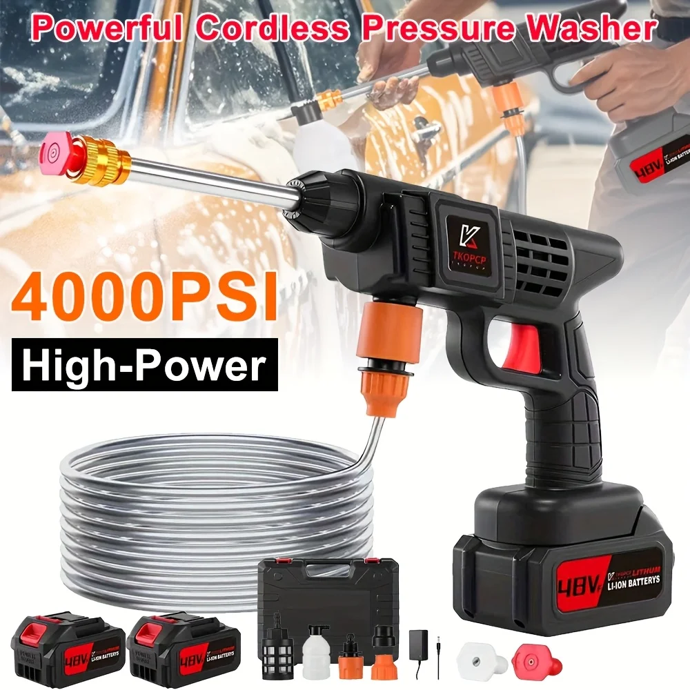 

4000PSI Cordless Car Wash Machine, W/5-meter Hose, Portable Cordless High-pressure Car Wash Machine, 2000mAh Battery