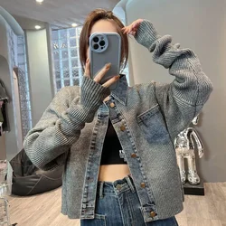 Cardigan for Women Polo Warm Winter 2024 Outerwear Knitted Sweater Woman Jacket Splicing Loose Fall Aesthetic Y2k Clothing Sales