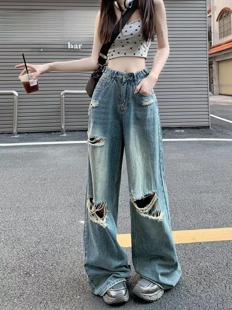 

Retro American High Street Women's Jeans Summer New High Waist Straight Loose Casual Wide Leg Long Pants Casual Style