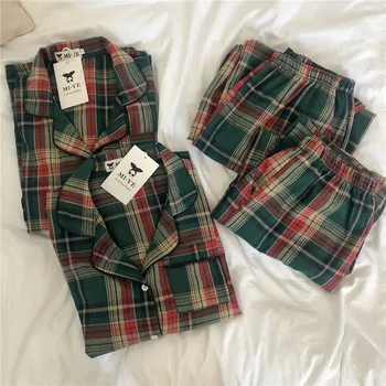 Grüne Weihnachten Pyjamas Paar Pyjama Set Einfache Plaid Nachtwäsche Baumwolle Herbst Winter Frauen Pyjamas Anzug Langarm Loungewear