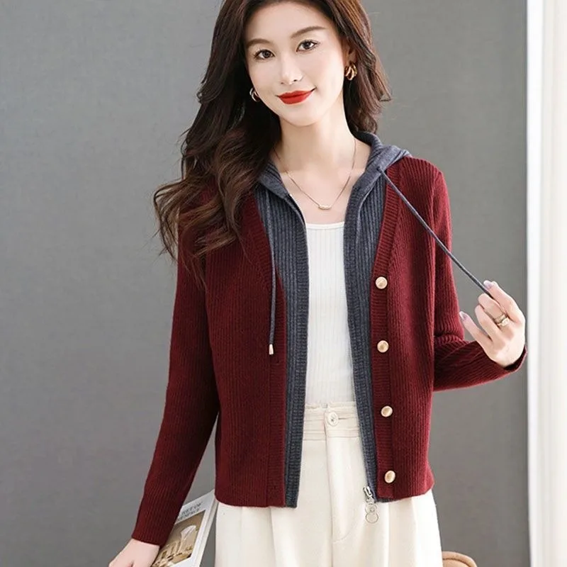 Women Hooded Fake Two Piece Knit Cardigan Zip Button Design Long Sleeve Short Casual Sweater Coat