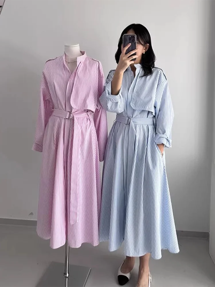 

Spring New Chic Vintage irt Collar Belted Slimming Striped Dr Long Women's Faion Commute Sle Cotton 00% Long Sve