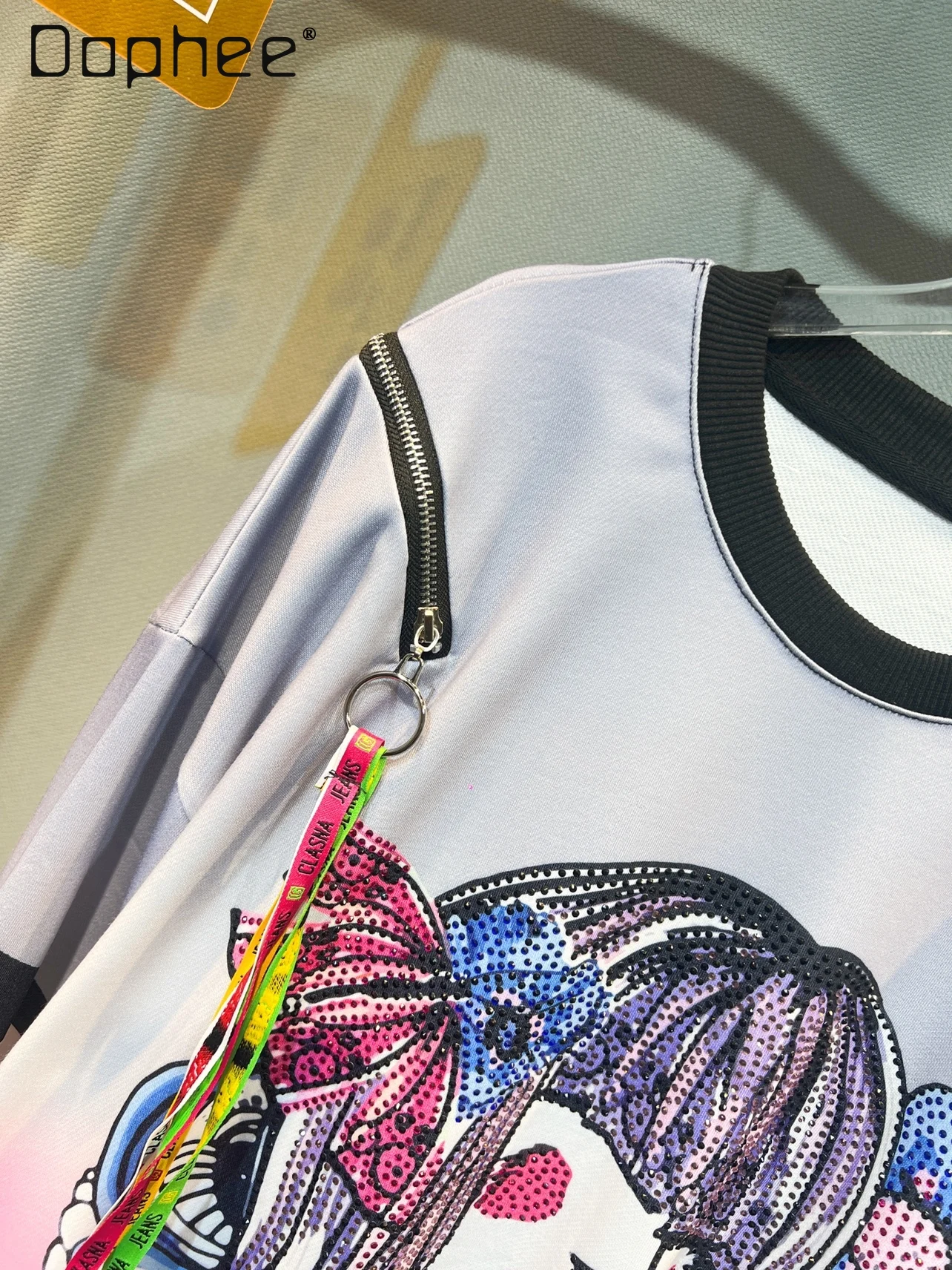 Fashion Cartoon Rhinestone Sweatshirt Women Autumn New Loose Mid-Length Round Neck Letter Print Colorful Ribbon Long Sleeve Top