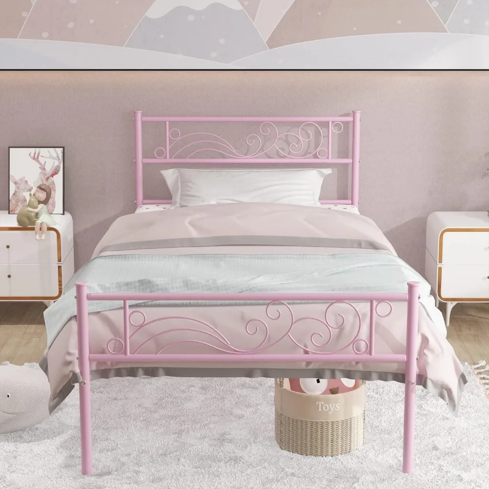 

Twin Size Bed Frame with Headboard No Box Spring Needed Platform Single Bed for Kids, White