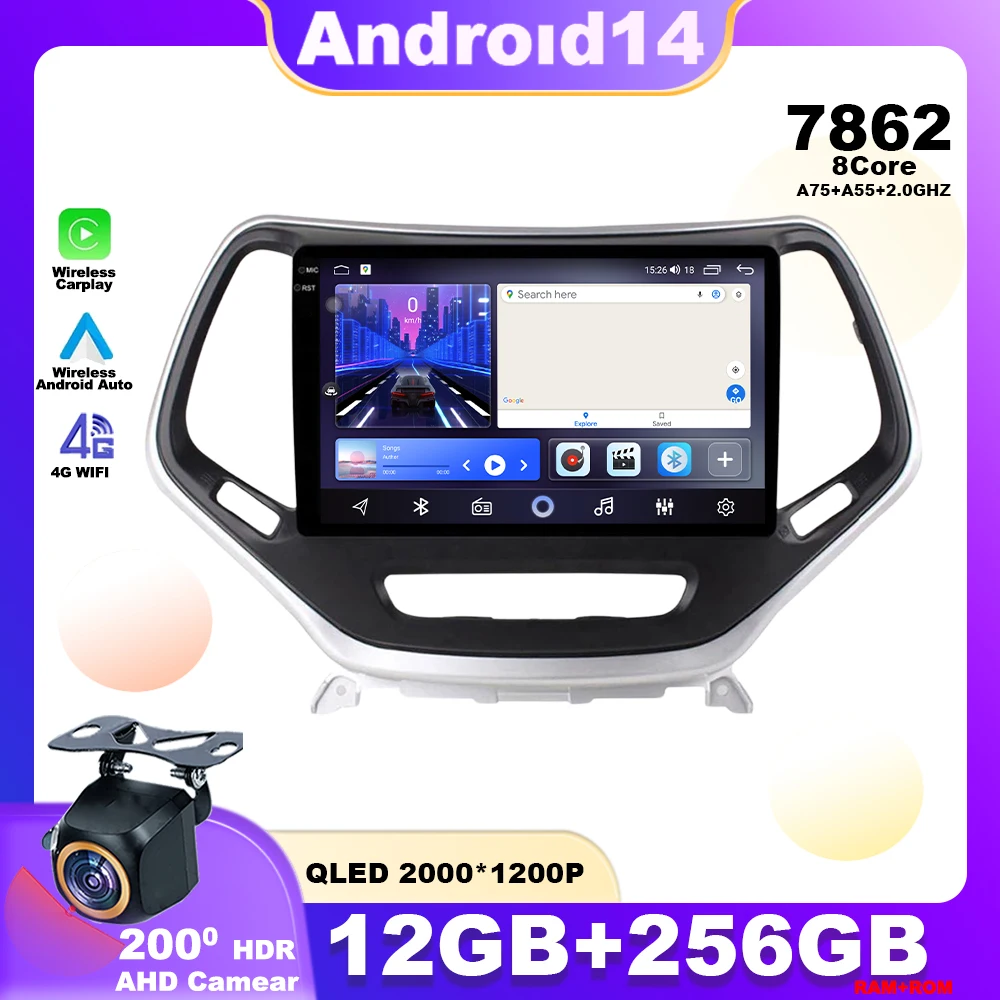 Android 14 For Jeep Cherokee 5 KL 2014 - 2018 Car Radio Multimedia Player Stereo Navigation GPS 4G WIFI Carplay Android Auto 