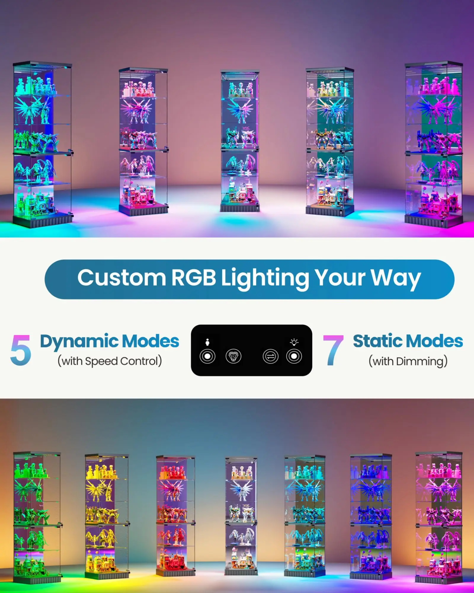 5-Tier 67''H Glass Display Cabinet with RGB Sensor Lights and Lock,Black