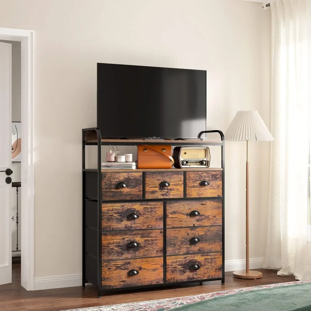 Tall Dressers for Bedroom with 9 Drawers, Dressers & Chests of Drawers for Bedroom with 2 Open Shelves and Metal Frame